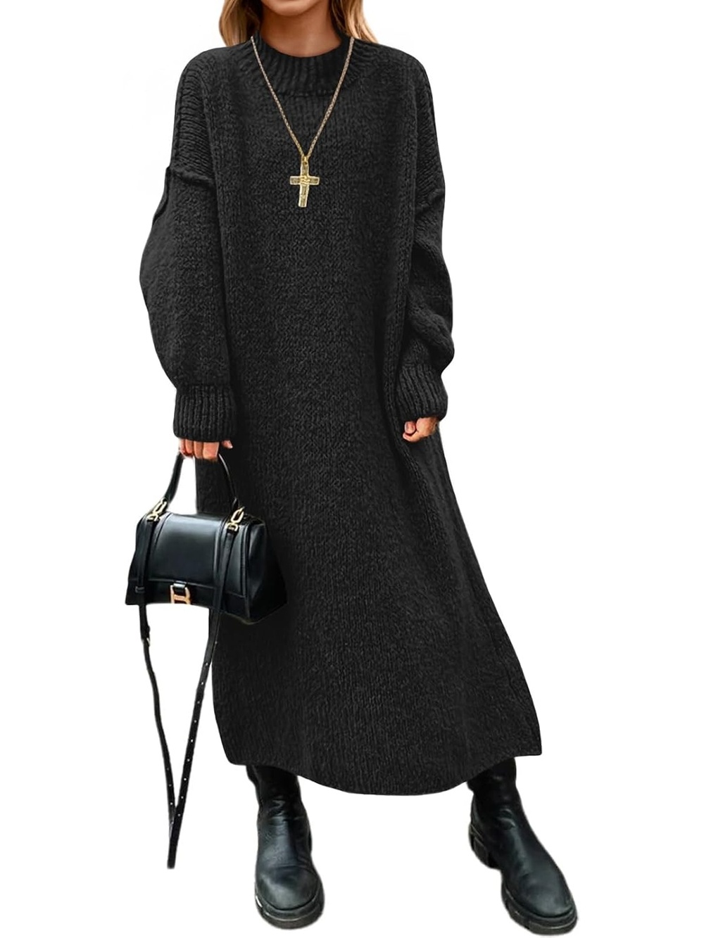 🆕 Women's Black Oversized Knit Sweater Maxi Dress Mock Neck Fall Winter Top
